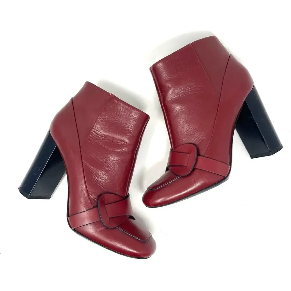 Tory Burch Burgundy Red Leather Stacked Heel Ankle Boots Women's Size 7, $498